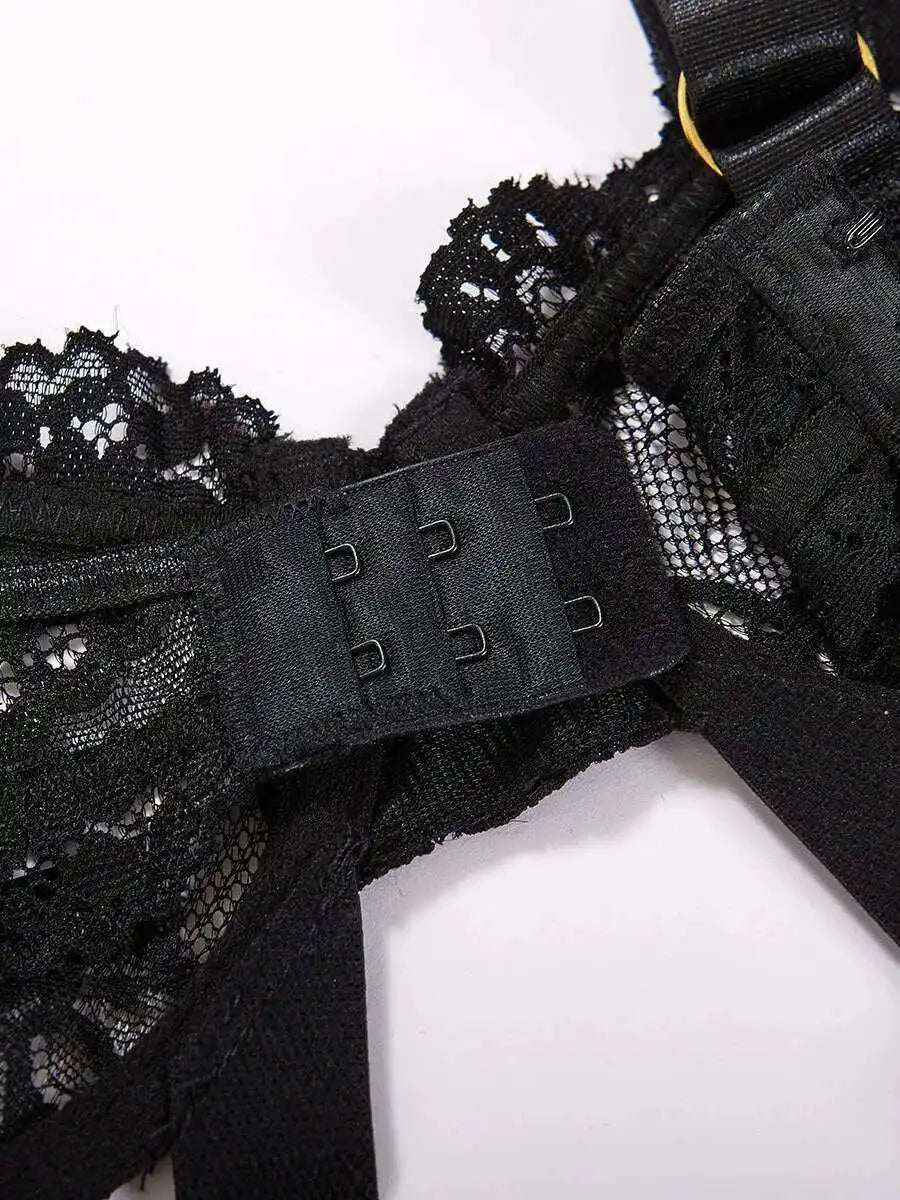 Lingerie de séduction brodée de fleurs, body transparent en dentelle noire, chaîne creuse, ajustement serré, tenue épicée pour fille, charmante AB6S