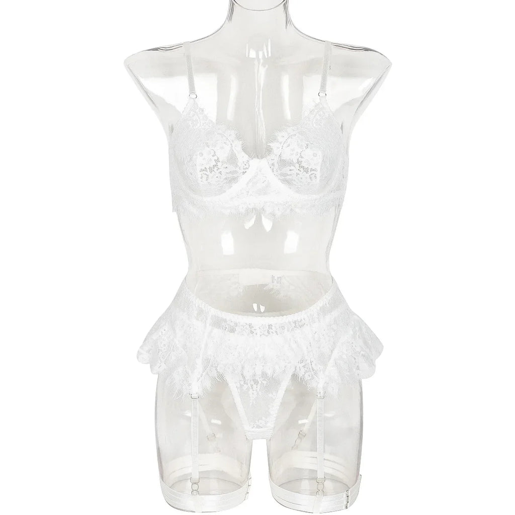 Toucheart-Ensemble de sous-vêtements en dentelle sexy pour femmes, jarretières transparentes en maille, document solide, ensemble de lingerie sexy, 4 pièces