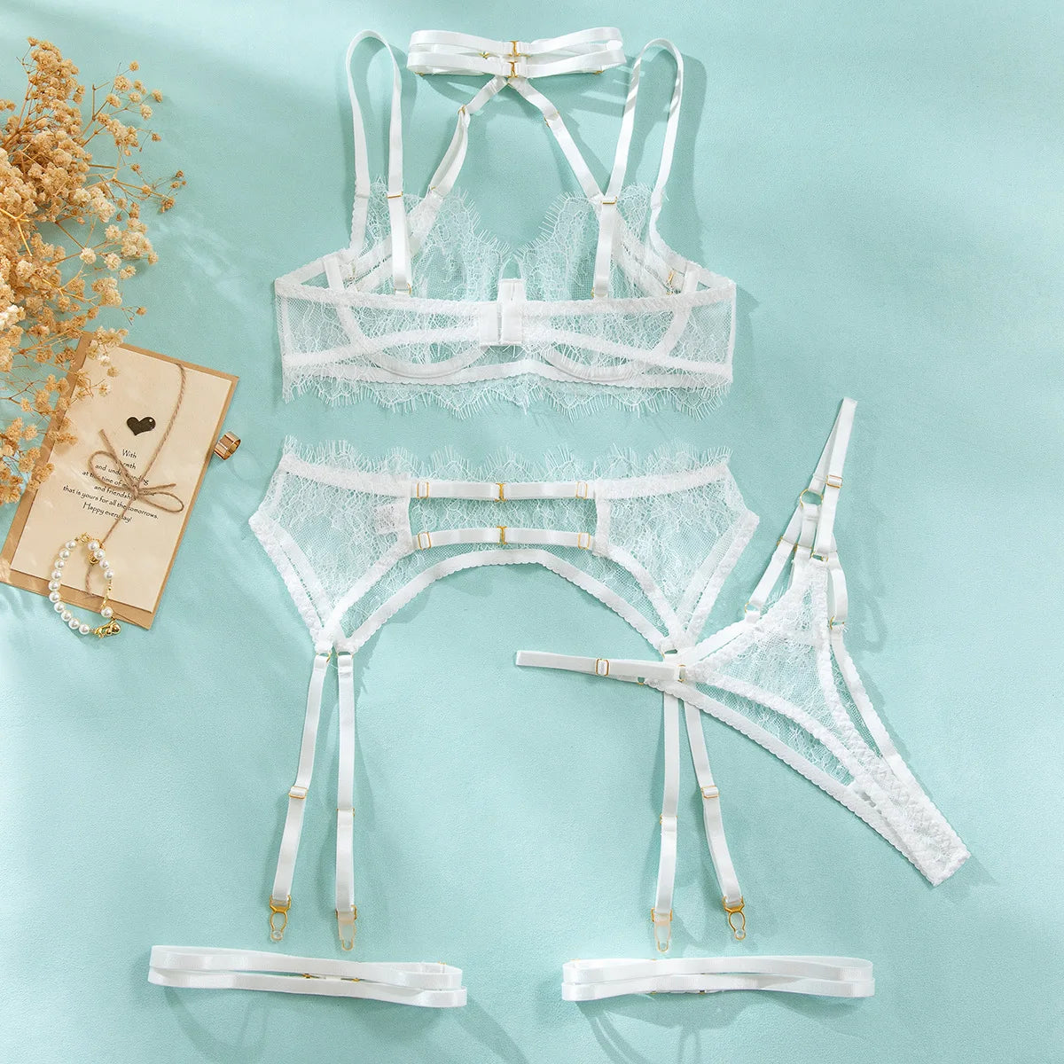 Diccvicc Lingerie Sexy cils chauds dentelle garniture pansement soutien-gorge porte-jarretelles avec sous-vêtements culotte Transparent intimité porter ensemble exotique