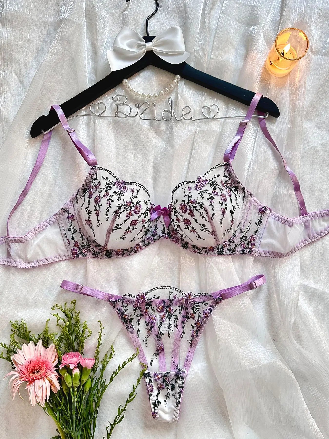 Soutien-gorge push-up en Tulle brodé, Lingerie féerique exotique, maille transparente, 3 pièces, vêtements intimes transparents pour femmes