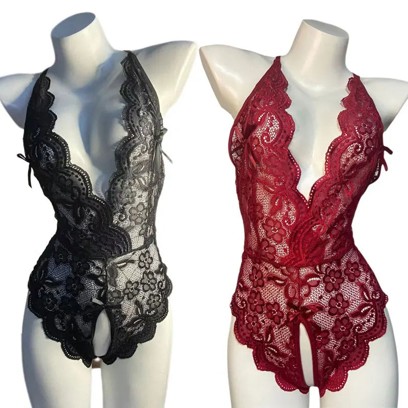 Pour les femmes chaud érotique corps Transparent collants Sexy Lingerie sous-vêtements Sexy Costume dentelle ouvert entrejambe ensemble de Lingerie Body