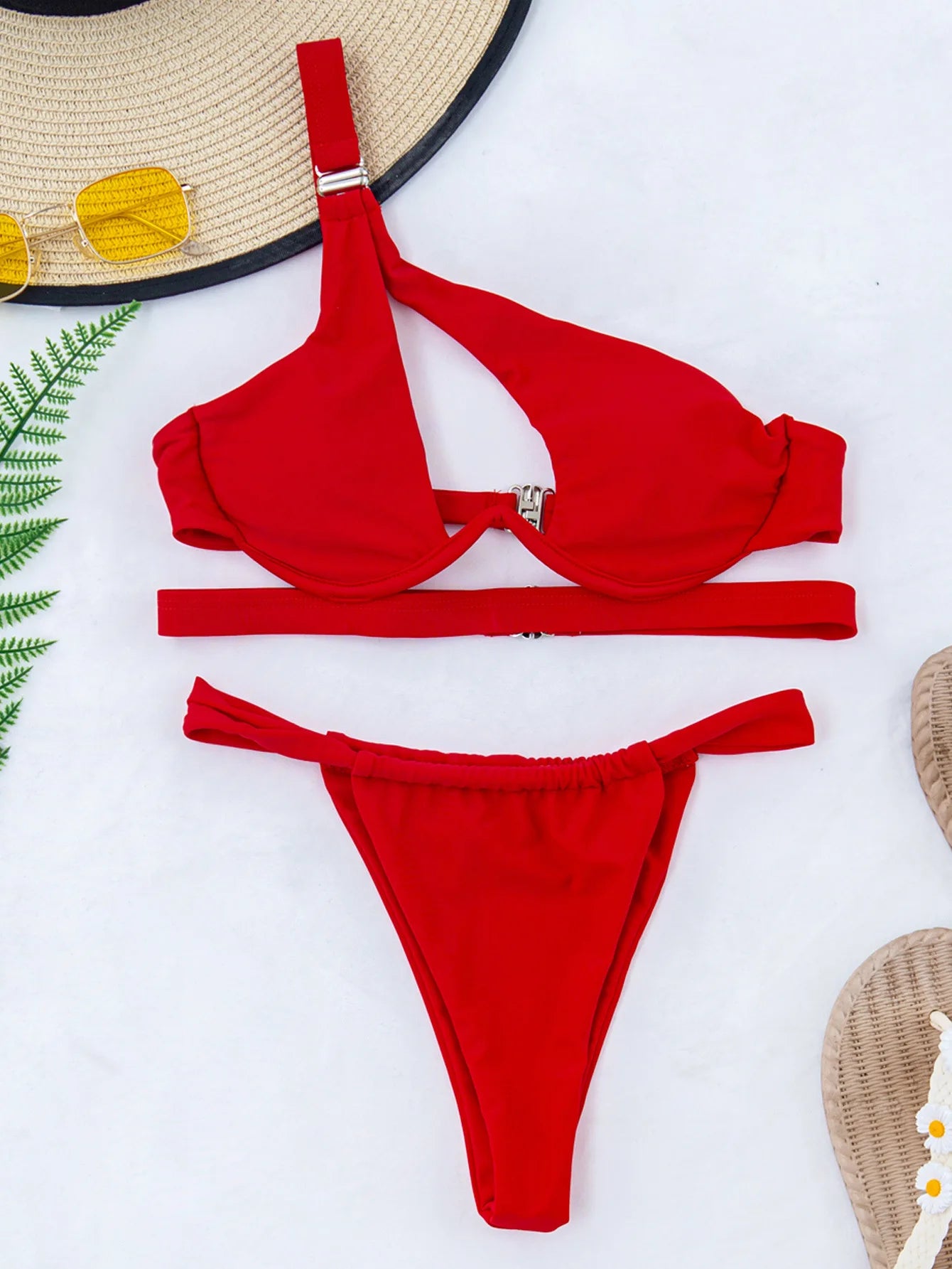 DEKA une épaule Bikini ensemble femmes solide Push Up à armatures maillots de bain vêtements de plage string maillot de bain Biquini plissé maillots de bain