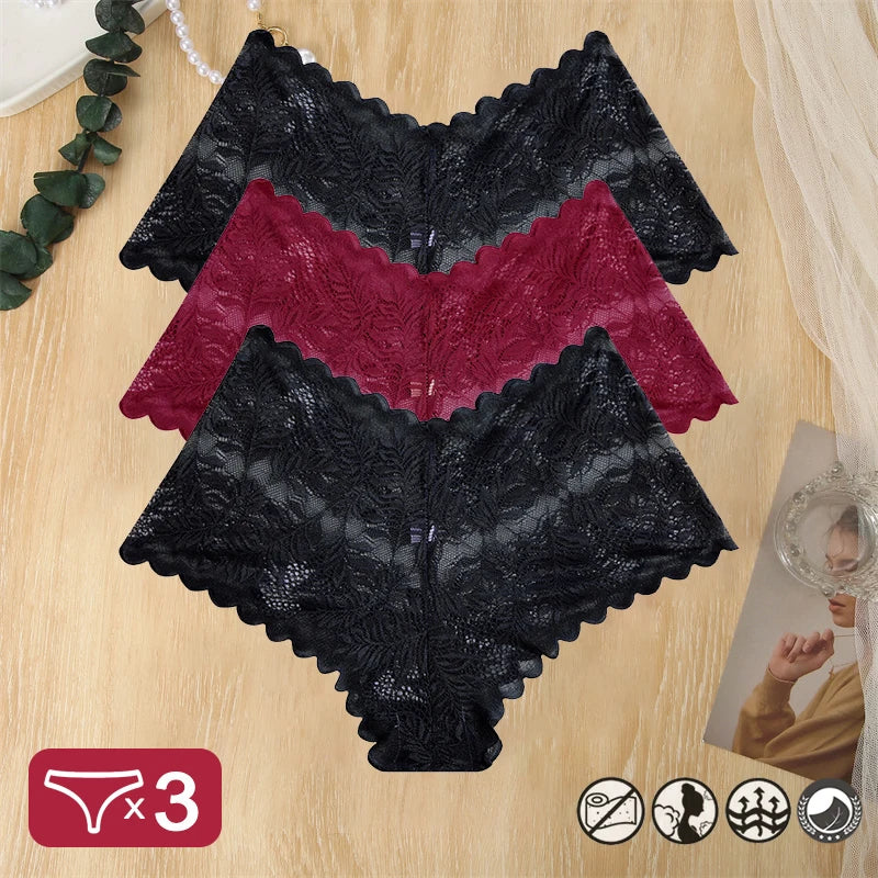 3 pièces femmes Sexy dentelle culottes Perspective florale Uderwear couleur unie intimes Boyshort femme taille en V respirant doux Lingerie