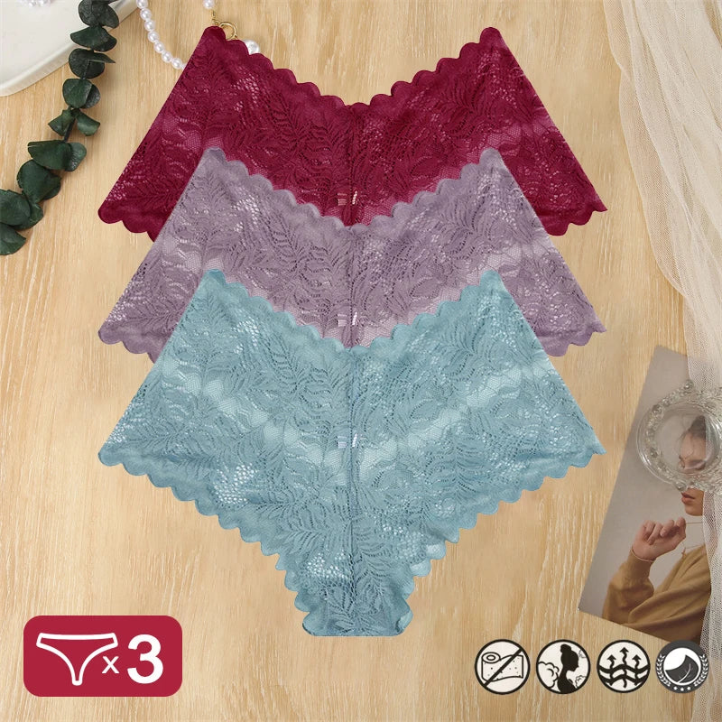 3 pièces femmes Sexy dentelle culottes Perspective florale Uderwear couleur unie intimes Boyshort femme taille en V respirant doux Lingerie