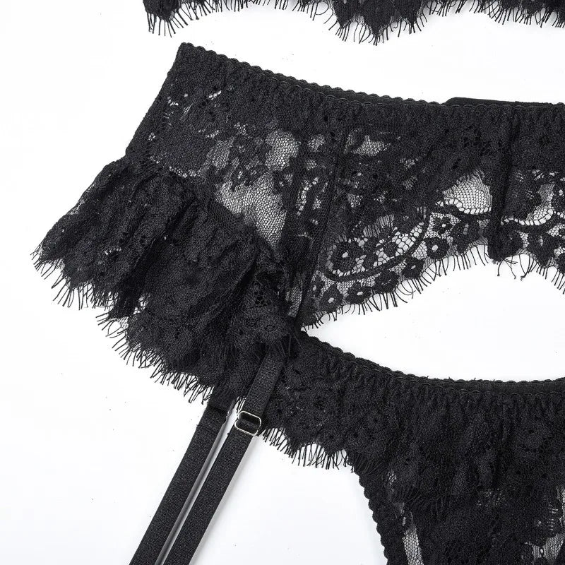 Toucheart-Ensemble de sous-vêtements en dentelle sexy pour femmes, jarretières transparentes en maille, document solide, ensemble de lingerie sexy, 4 pièces