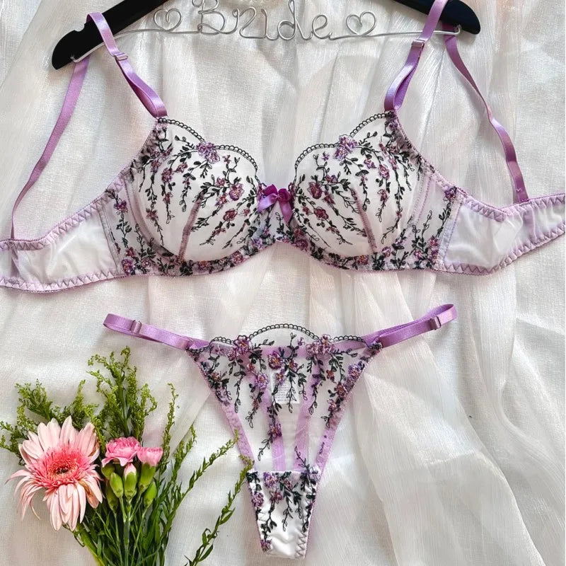 Soutien-gorge push-up en Tulle brodé, Lingerie féerique exotique, maille transparente, 3 pièces, vêtements intimes transparents pour femmes