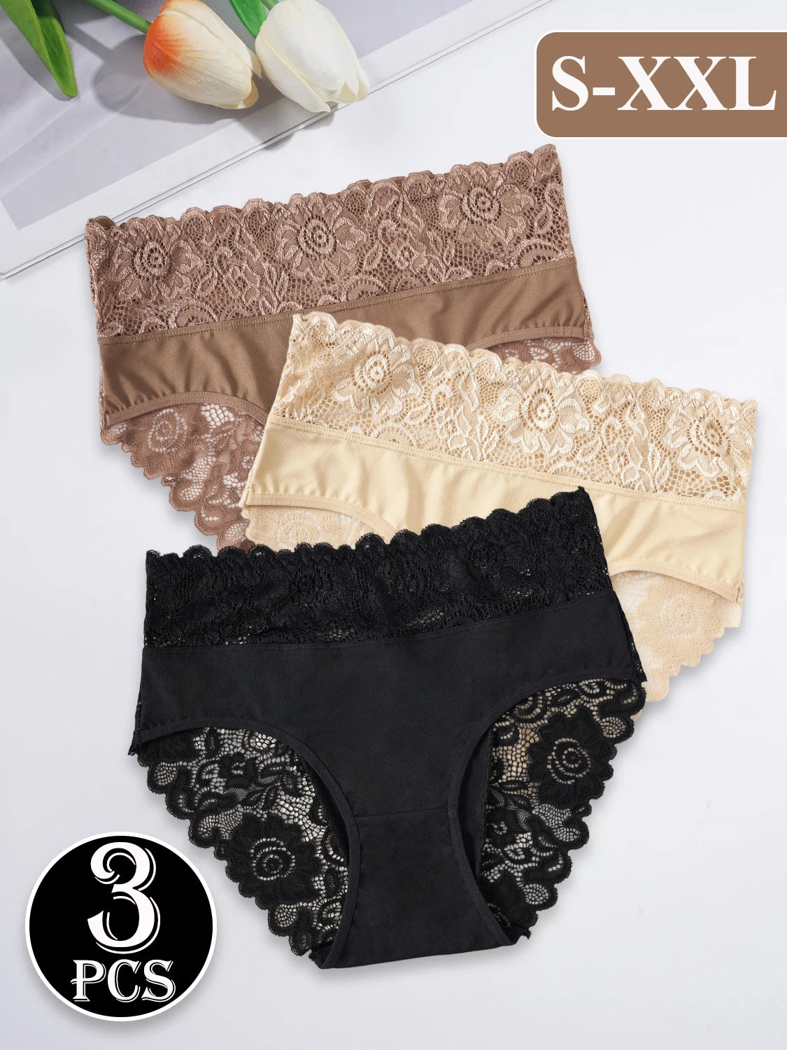 Sous-vêtements confortables taille haute pour femmes, 3 pièces, détails en dentelle florale exquise, slips de couleur unie, culottes décontractées au quotidien, nouvelle collection