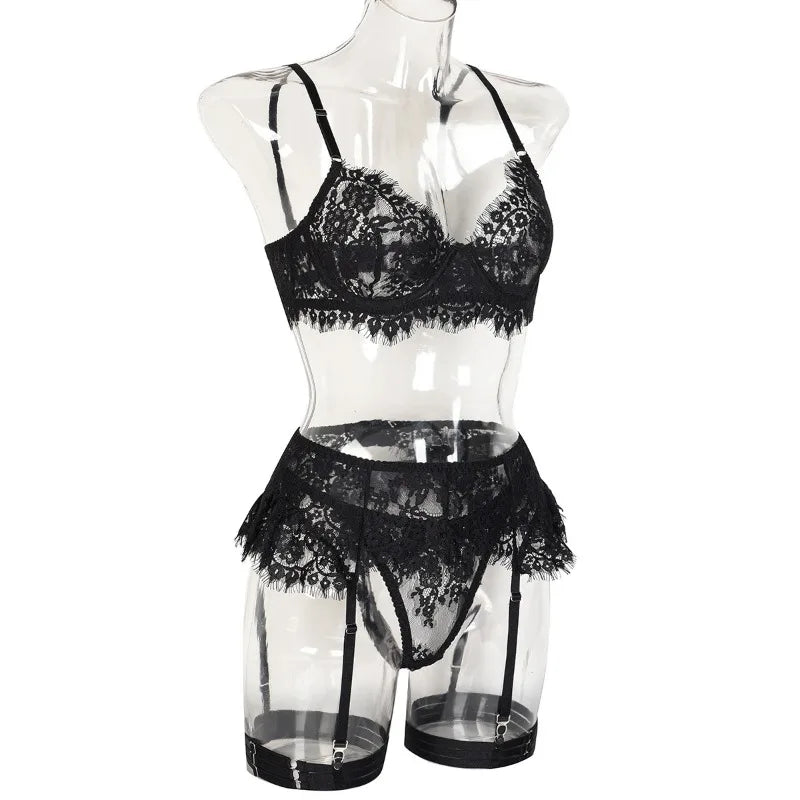 Toucheart-Ensemble de sous-vêtements en dentelle sexy pour femmes, jarretières transparentes en maille, document solide, ensemble de lingerie sexy, 4 pièces