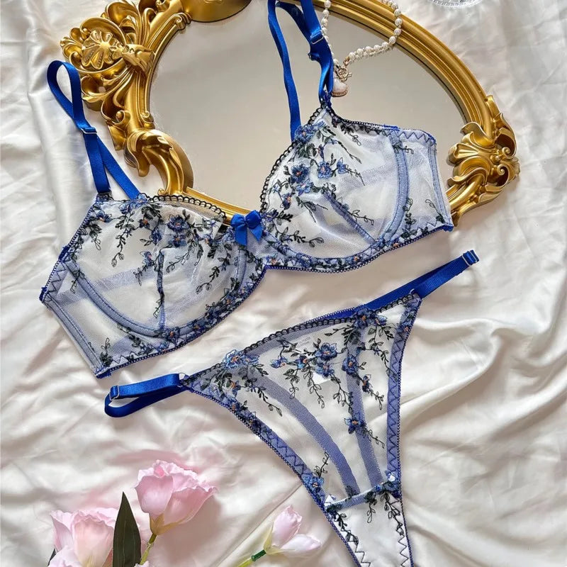 Soutien-gorge push-up en Tulle brodé, Lingerie féerique exotique, maille transparente, 3 pièces, vêtements intimes transparents pour femmes