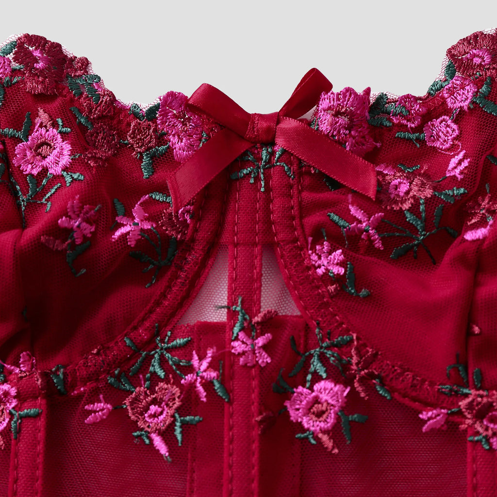 Corset Sexy en dentelle avec nœud brodé de fleurs pour femmes, Camisole en maille transparente, haut court Slim, soutien-gorge filaire, Lingerie de Festival