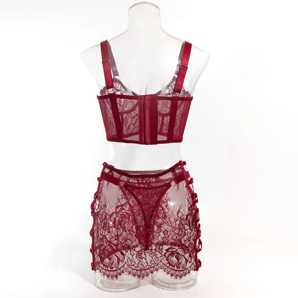 Ensembles de Lingerie sensuelle fantaisie, jarretelles ajourées sur le côté, sous-vêtements pour femmes, transparent en dentelle chaude, nouveaux tenues