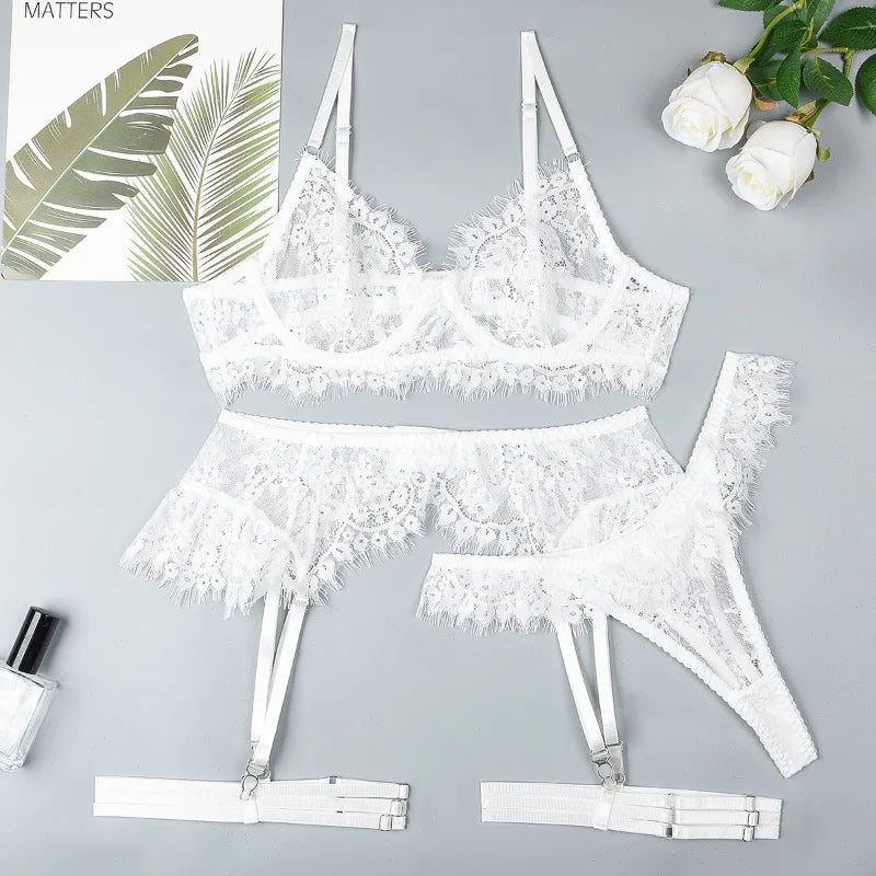 Toucheart-Ensemble de sous-vêtements en dentelle sexy pour femmes, jarretières transparentes en maille, document solide, ensemble de lingerie sexy, 4 pièces
