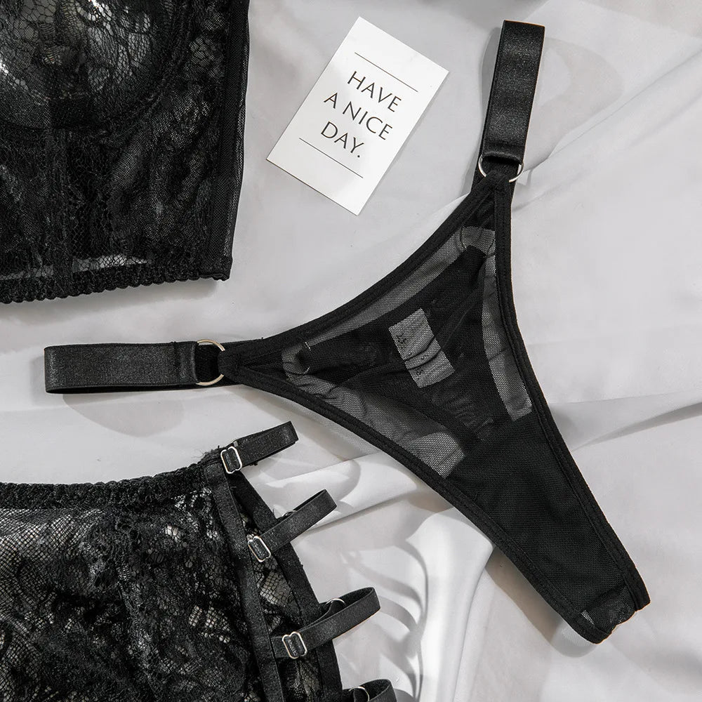Ensembles de Lingerie sensuelle fantaisie, jarretelles ajourées sur le côté, sous-vêtements pour femmes, transparent en dentelle chaude, nouveaux tenues