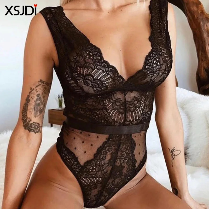 Sexe chaud femmes dentelle Transparent nuisette Sexy corps Transparent Lingerie Porno maille Body Lingerie Teddies maille femmes Body