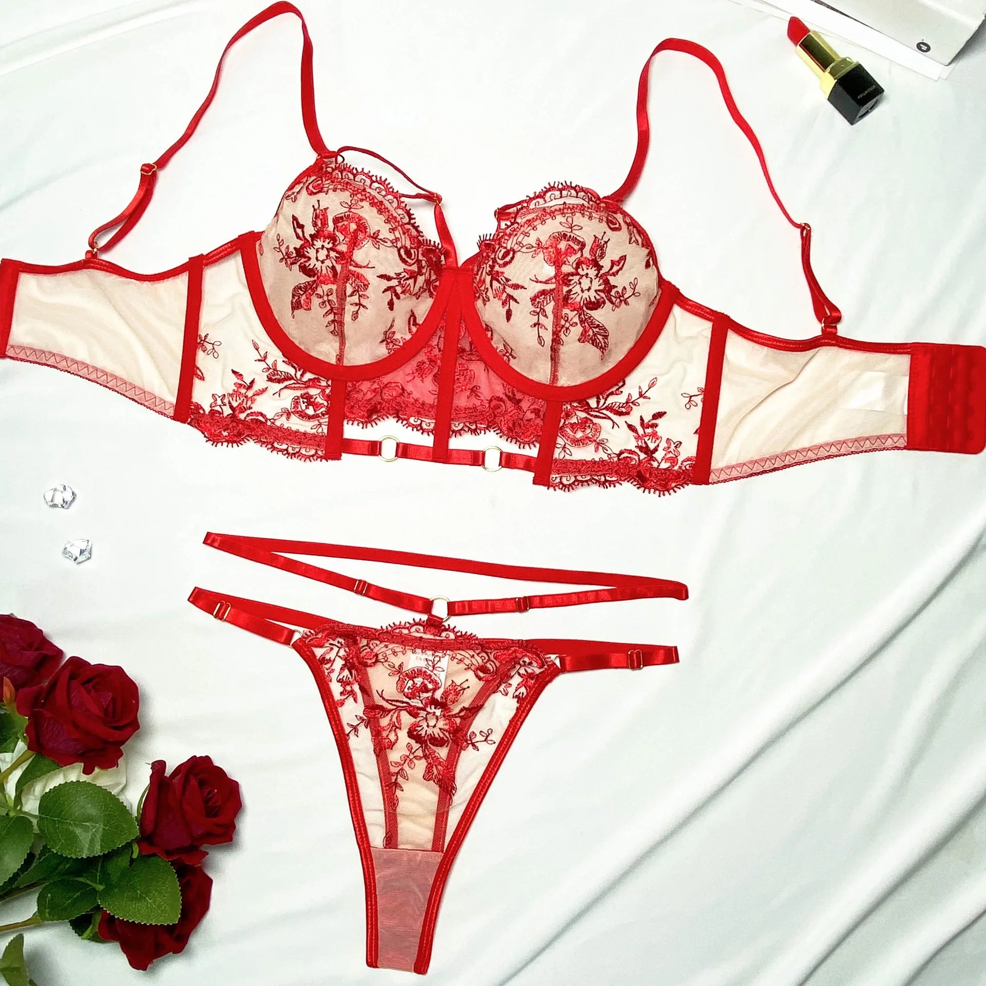 Ensemble de soutien-gorge en dentelle 2 pièces pour femmes, broderie florale noire, sous-vêtements transparents, Sexy, bonnet complet, soutien-gorge + culotte, tenues de Lingerie