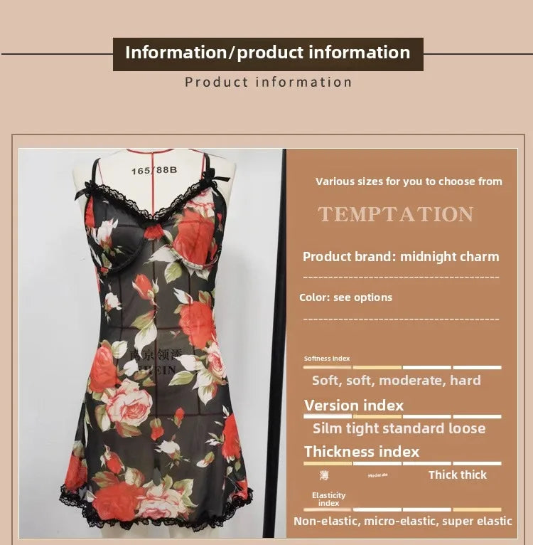 Chemise en mousseline de soie et dentelle florale pour femmes, ensemble de vêtements de nuit à bretelles réglables, cadeau romantique, vêtements de nuit transparents, poupée de saint-valentin, garniture noire U