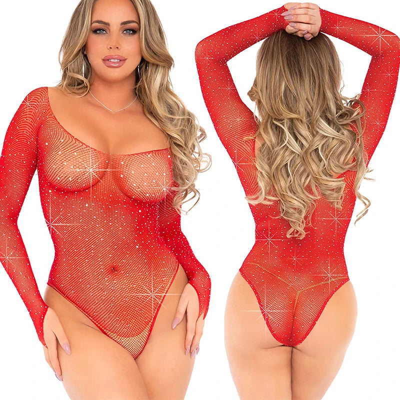 Lingerie Sexy pour femmes, haut à manches longues, haute élasticité, strass, body, grande taille, maille, tentation, short une pièce