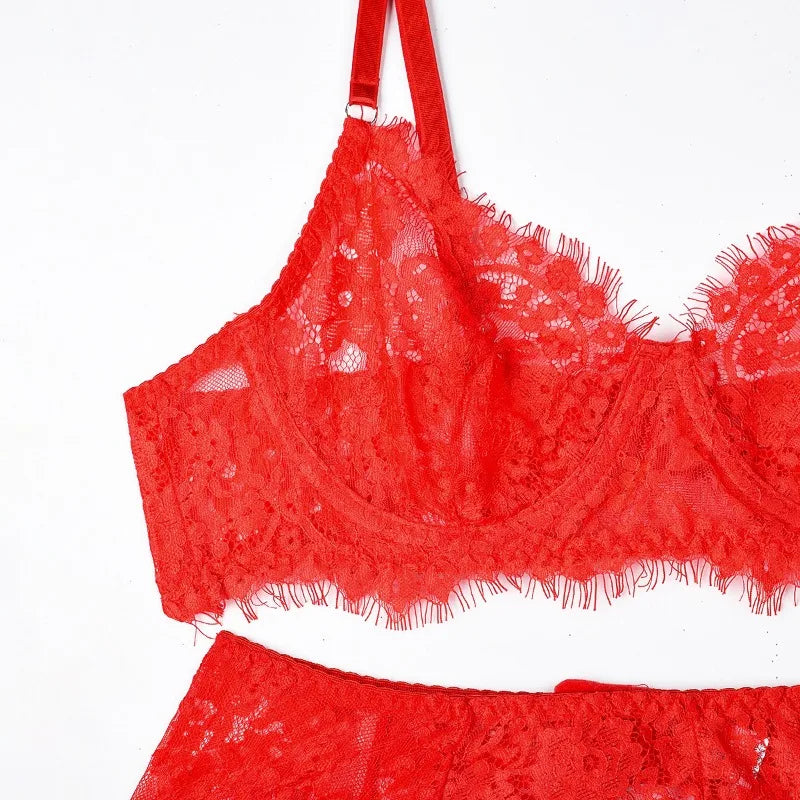 Toucheart-Ensemble de sous-vêtements en dentelle sexy pour femmes, jarretières transparentes en maille, document solide, ensemble de lingerie sexy, 4 pièces