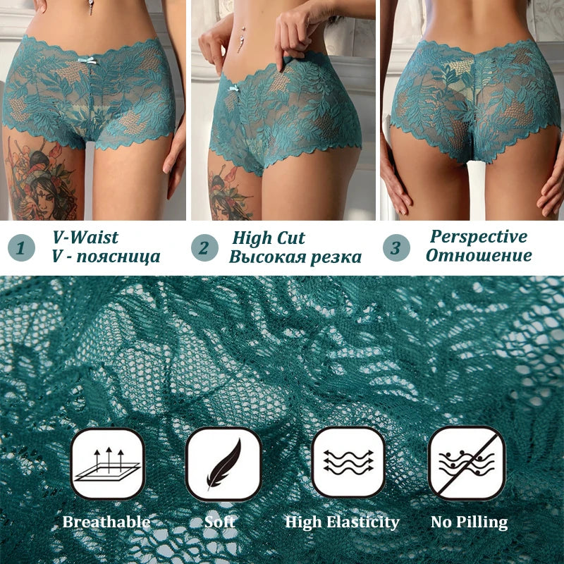 3 pièces femmes Sexy dentelle culottes Perspective florale Uderwear couleur unie intimes Boyshort femme taille en V respirant doux Lingerie