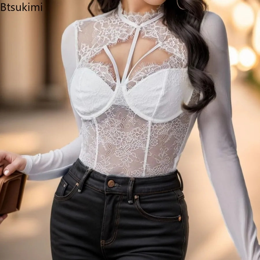 Corset Sexy en dentelle pour femmes, body à manches longues, Slim, col rond, combinaison Lingerie avec armatures, boîte de nuit