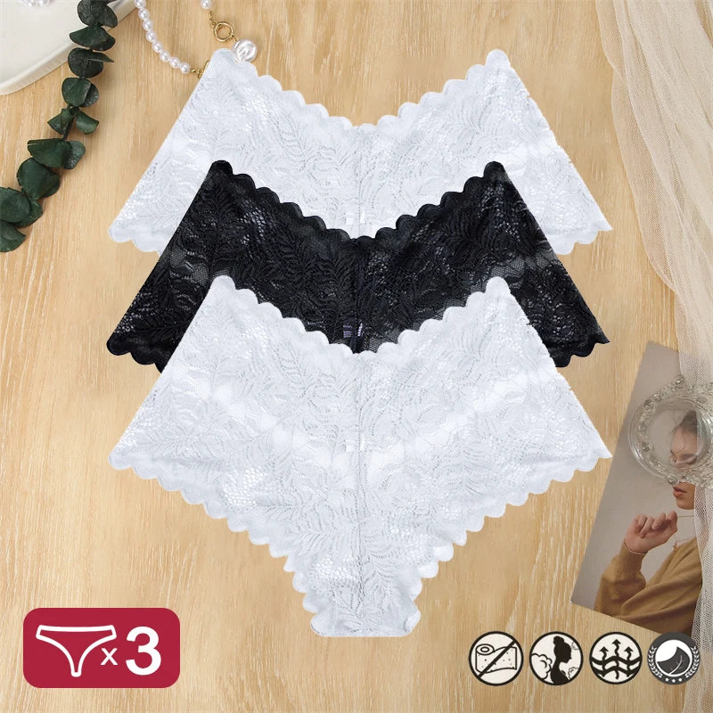 3 pièces femmes Sexy dentelle culottes Perspective florale Uderwear couleur unie intimes Boyshort femme taille en V respirant doux Lingerie