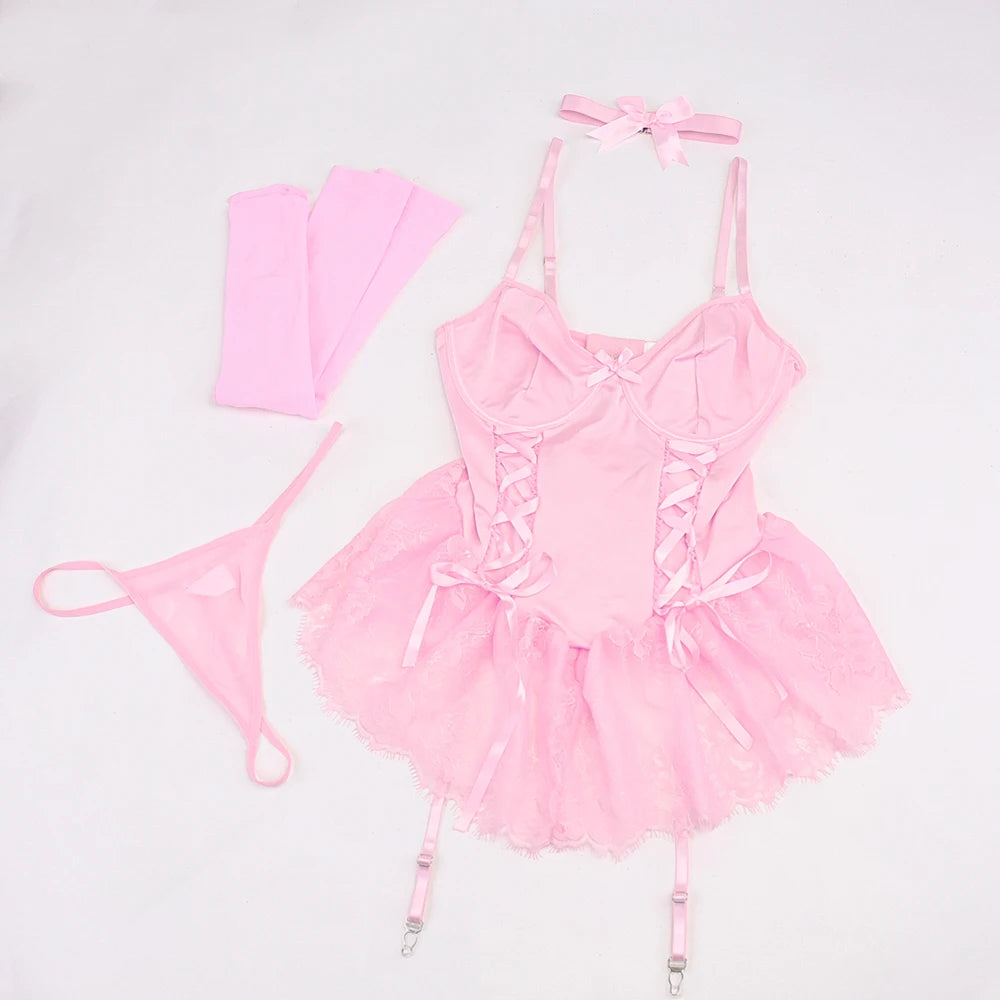 Corset en dentelle pour femmes, Lingerie Sexy, ensemble de 5 pièces avec bas et porte-jarretelles, OnlyFans, sous-vêtements fantaisie de serrage