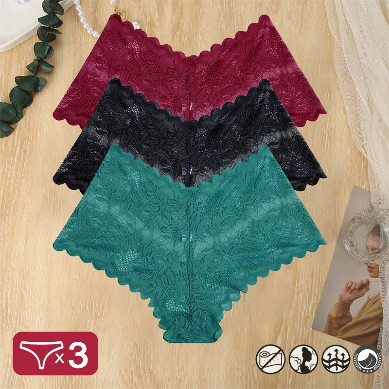 3 pièces femmes Sexy dentelle culottes Perspective florale Uderwear couleur unie intimes Boyshort femme taille en V respirant doux Lingerie