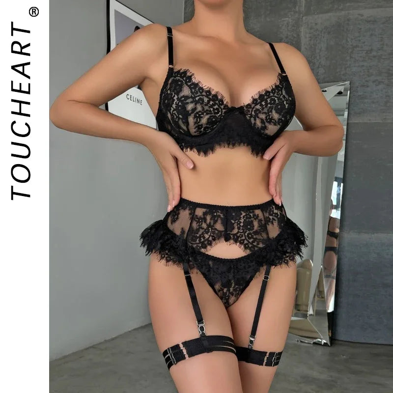 Toucheart-Ensemble de sous-vêtements en dentelle sexy pour femmes, jarretières transparentes en maille, document solide, ensemble de lingerie sexy, 4 pièces
