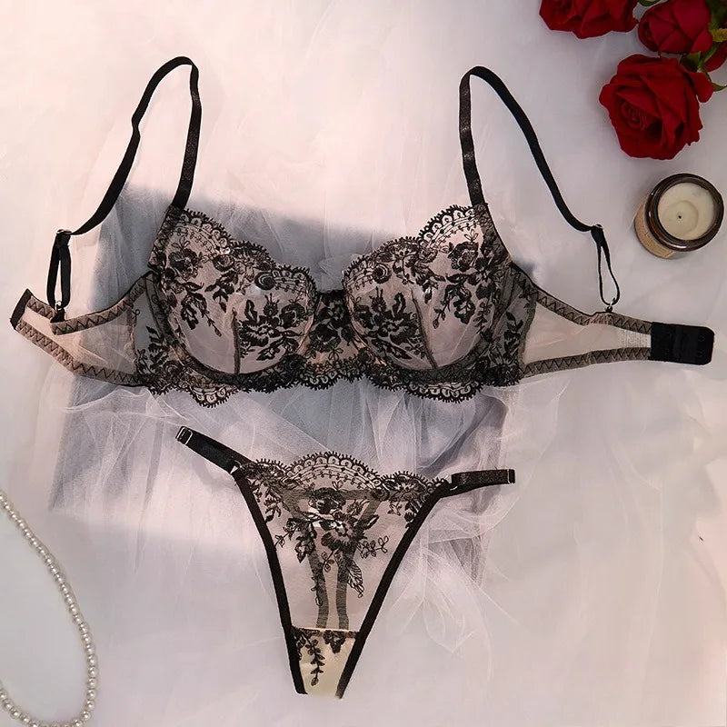 Ensemble de lingerie brodée florale pour femmes, bralette et culotte sexy en maille transparente, ensemble de soutien-gorge confortable pour un usage quotidien/fête