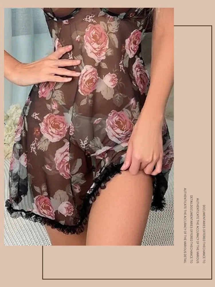 Chemise en mousseline de soie et dentelle florale pour femmes, ensemble de vêtements de nuit à bretelles réglables, cadeau romantique, vêtements de nuit transparents, poupée de saint-valentin, garniture noire U