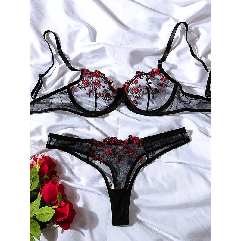 Ensemble deux pièces de lingerie transparente pour femme, string, soutiens-gorge push-up intimes, broderie, impression nœud papillon, sous-vêtements, vin, nouveau