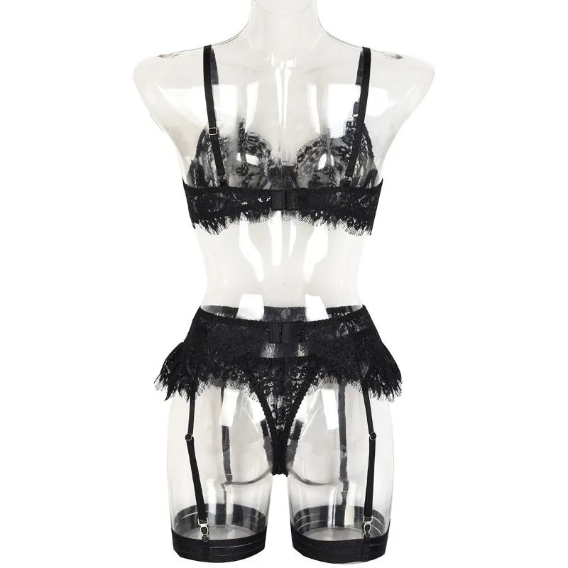 Toucheart-Ensemble de sous-vêtements en dentelle sexy pour femmes, jarretières transparentes en maille, document solide, ensemble de lingerie sexy, 4 pièces