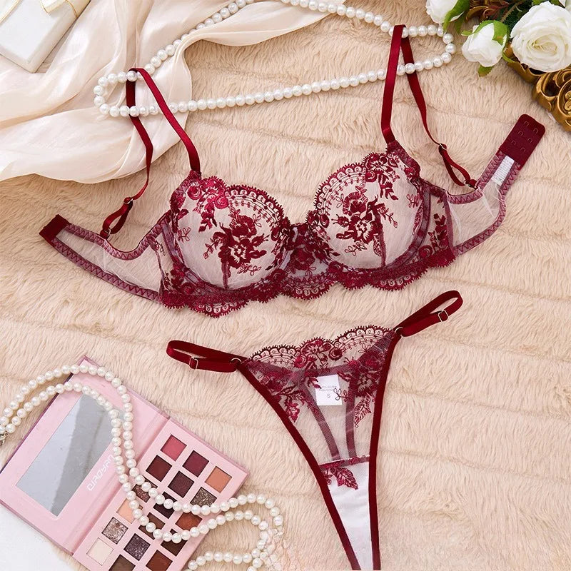 Ensemble de lingerie brodée florale pour femmes, bralette et culotte sexy en maille transparente, ensemble de soutien-gorge confortable pour un usage quotidien/fête