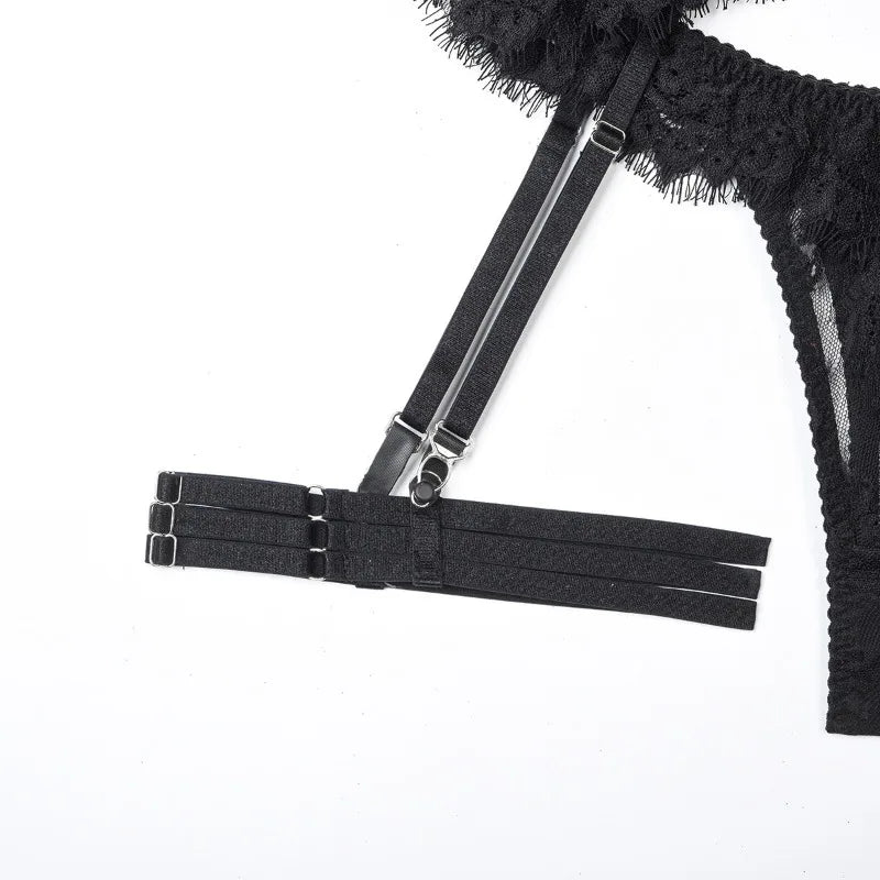 Toucheart-Ensemble de sous-vêtements en dentelle sexy pour femmes, jarretières transparentes en maille, document solide, ensemble de lingerie sexy, 4 pièces