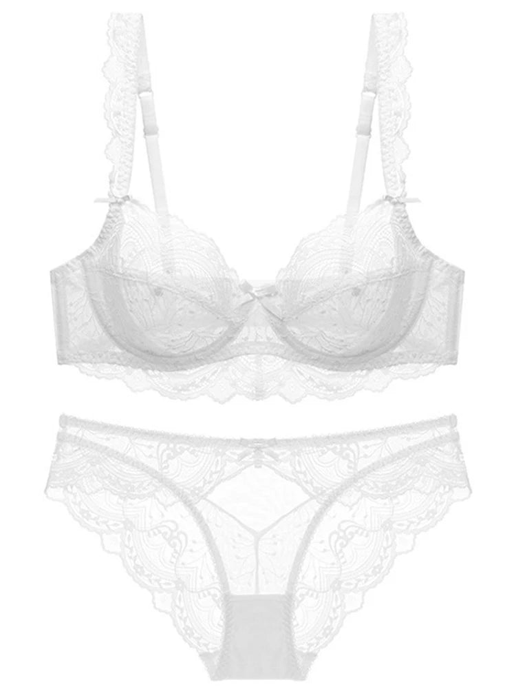 Ensemble soutien-gorge et culotte en dentelle transparente ultra fine pour femme, sous-vêtements sexy, lingerie, brassières, bonnets A B C D E, 95C 95D