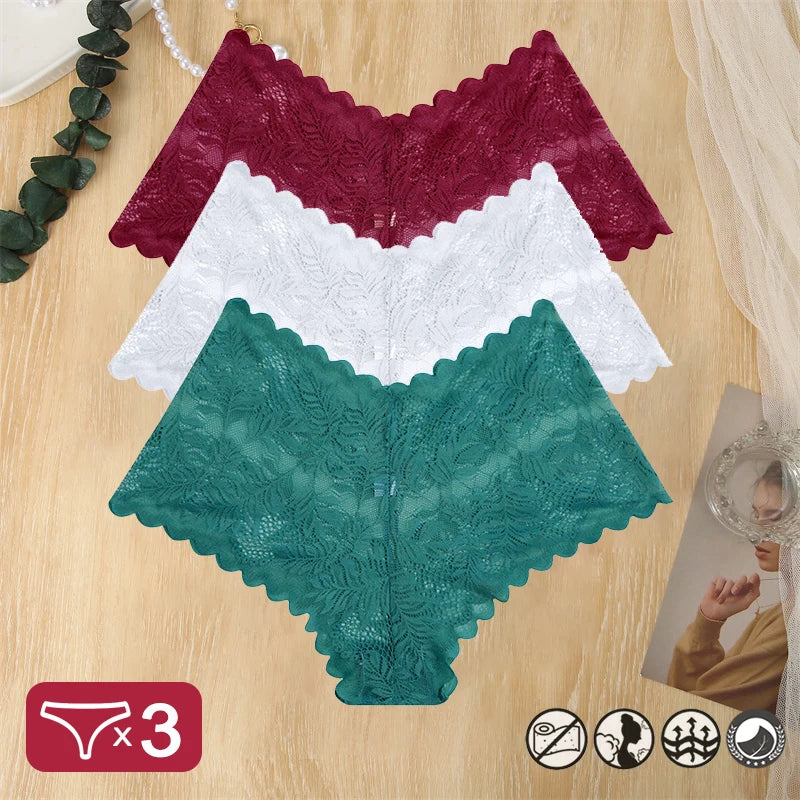 3 pièces femmes Sexy dentelle culottes Perspective florale Uderwear couleur unie intimes Boyshort femme taille en V respirant doux Lingerie