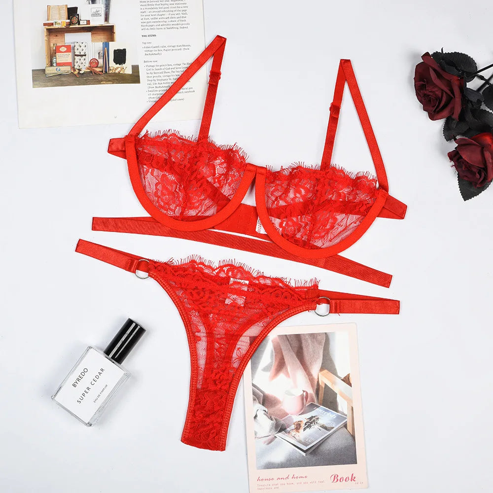 Lingerie femme dentelle sous-vêtements transparents fée broderie slips ensembles Kit de soutien-gorge délicat Push Up Breves ensembles