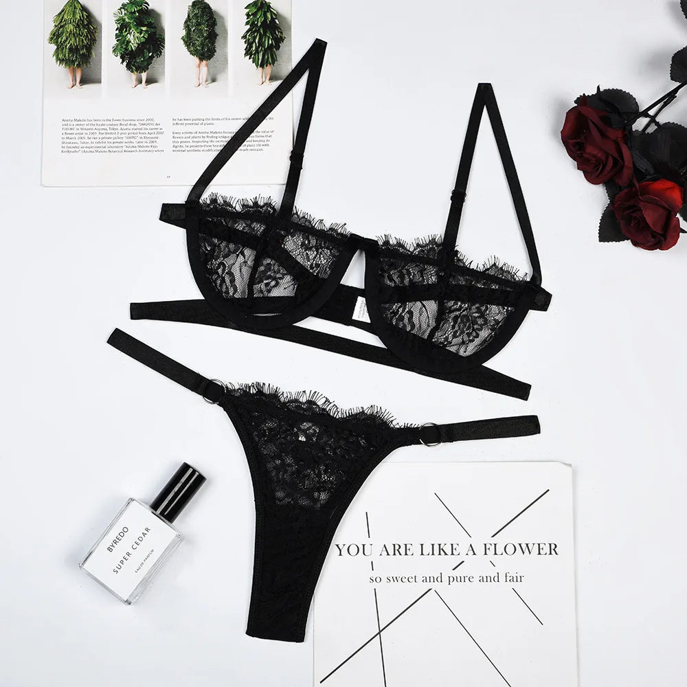 Lingerie femme dentelle sous-vêtements transparents fée broderie slips ensembles Kit de soutien-gorge délicat Push Up Breves ensembles