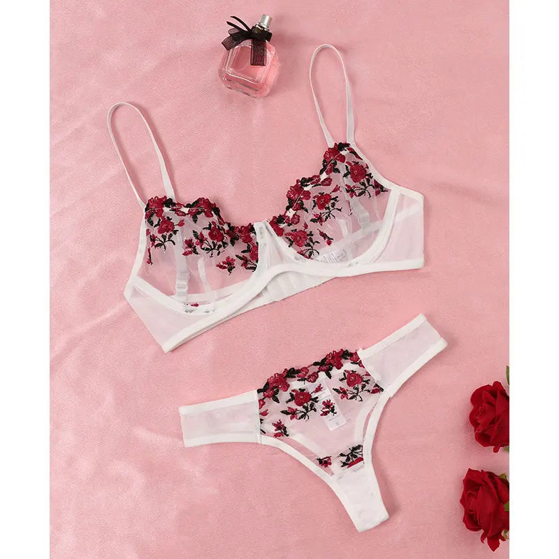 Ensemble deux pièces de lingerie transparente pour femme, string, soutiens-gorge push-up intimes, broderie, impression nœud papillon, sous-vêtements, vin, nouveau