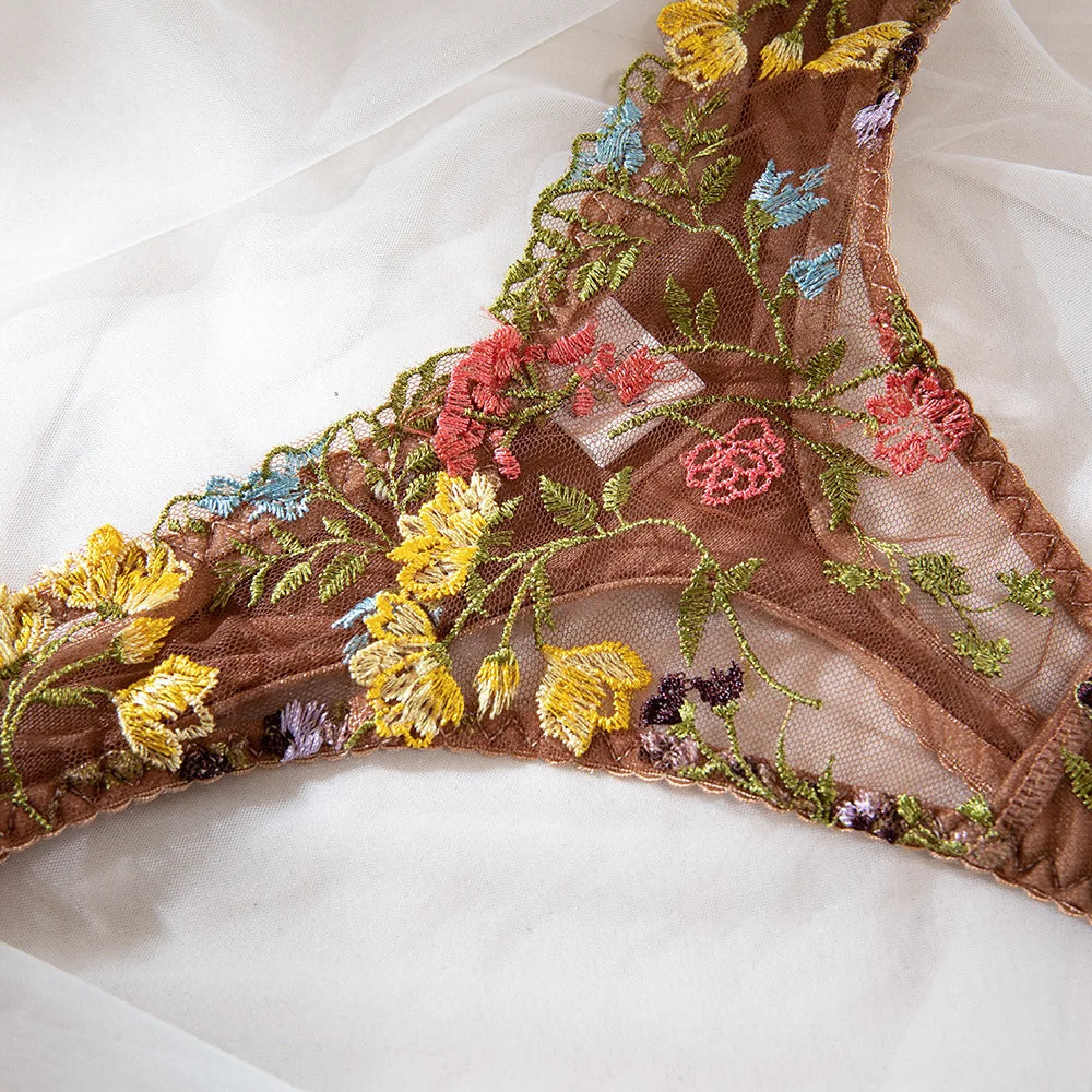 Ensemble soutien-gorge et culotte à fleurs pour femmes, ensemble deux pièces avec perspective, sous-vêtements sans censure, vêtements nette, sexy, 1300 ere, XXX