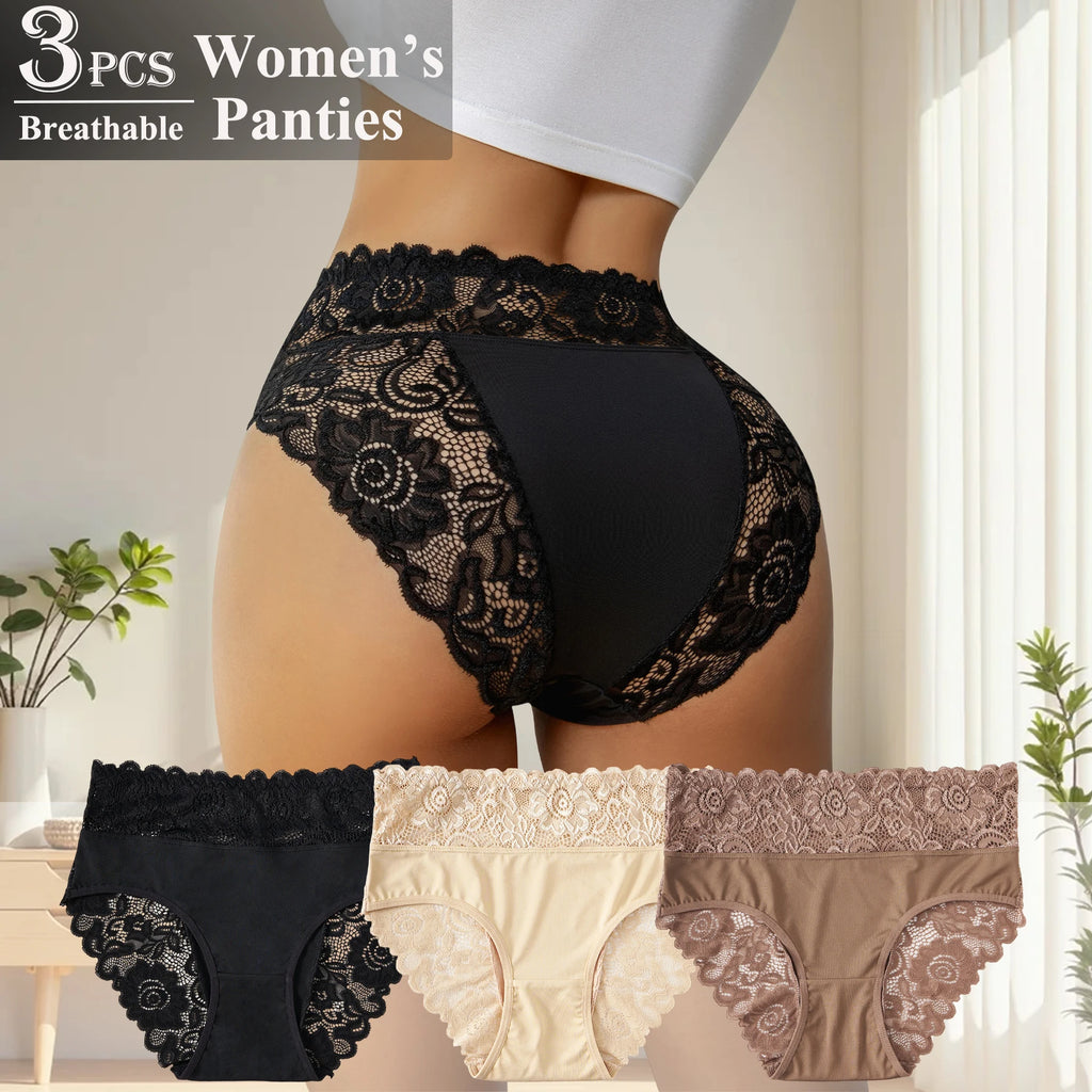 Sous-vêtements confortables taille haute pour femmes, 3 pièces, détails en dentelle florale exquise, slips de couleur unie, culottes décontractées au quotidien, nouvelle collection
