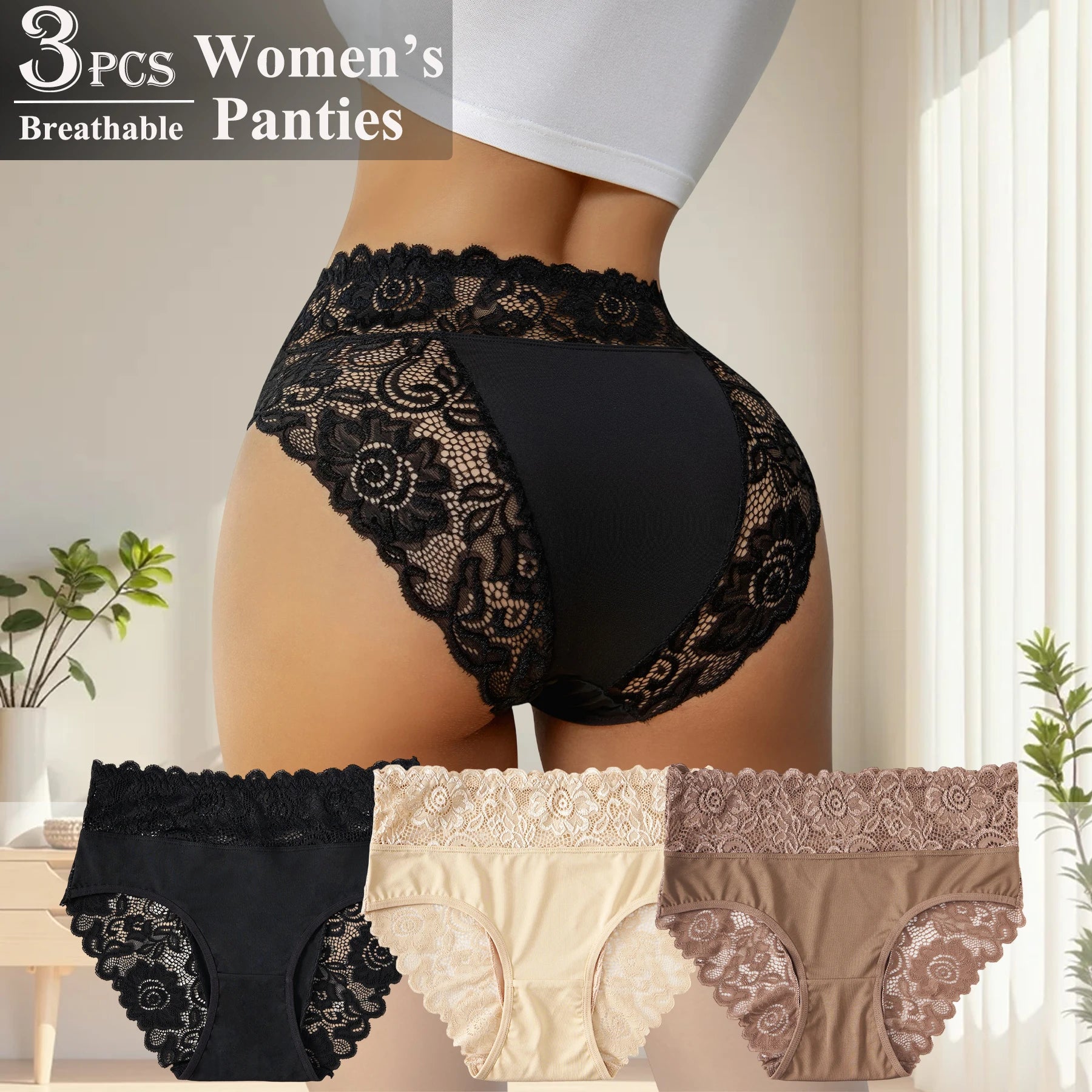 Sous-vêtements confortables taille haute pour femmes, 3 pièces, détails en dentelle florale exquise, slips de couleur unie, culottes décontractées au quotidien, nouvelle collection
