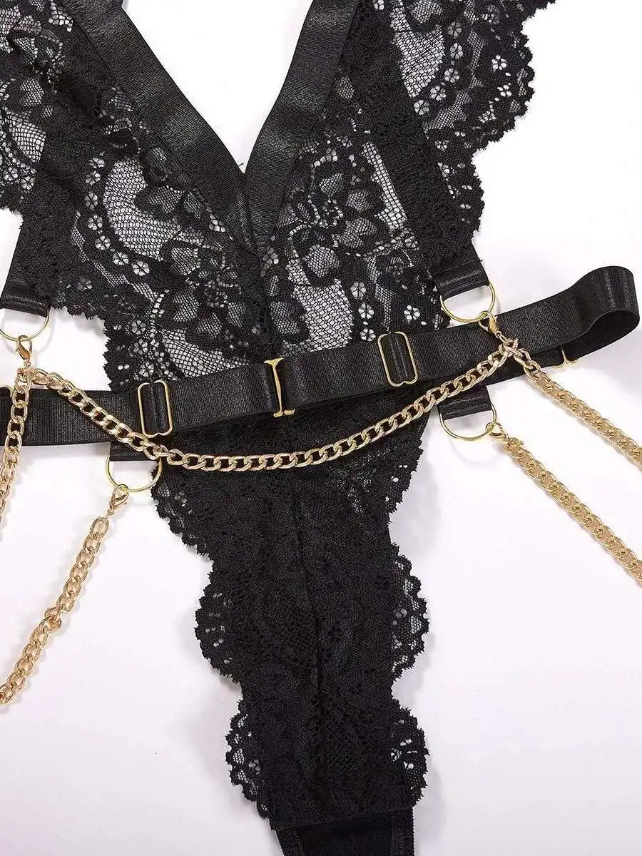 Lingerie de séduction brodée de fleurs, body transparent en dentelle noire, chaîne creuse, ajustement serré, tenue épicée pour fille, charmante AB6S