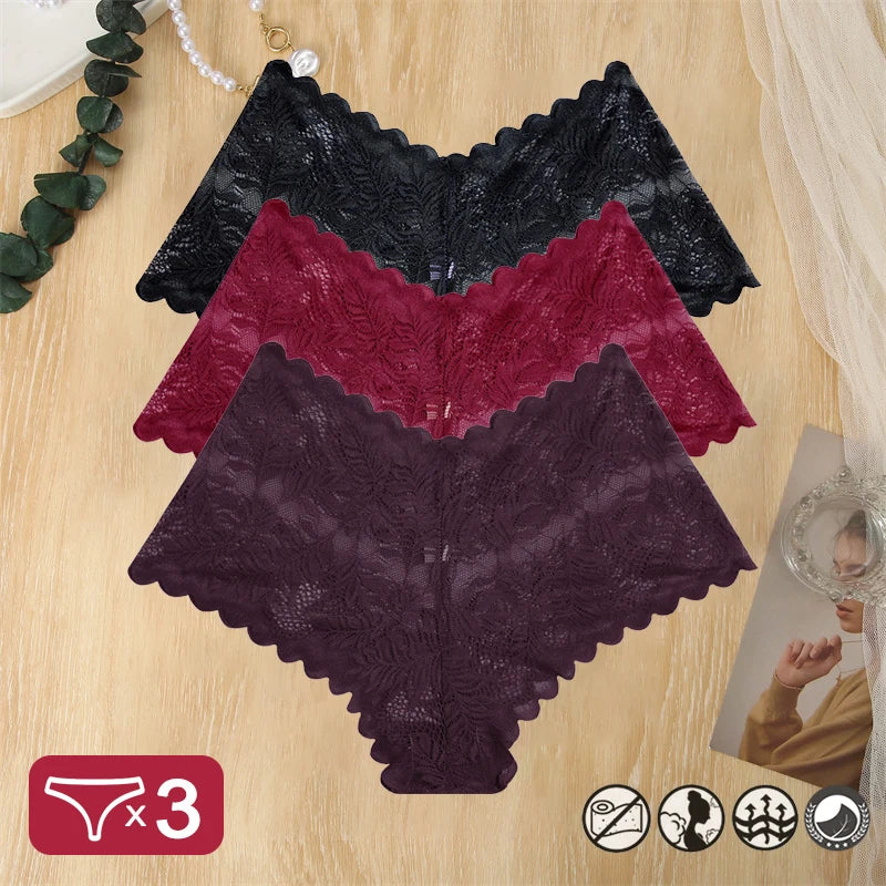 3 pièces femmes Sexy dentelle culottes Perspective florale Uderwear couleur unie intimes Boyshort femme taille en V respirant doux Lingerie
