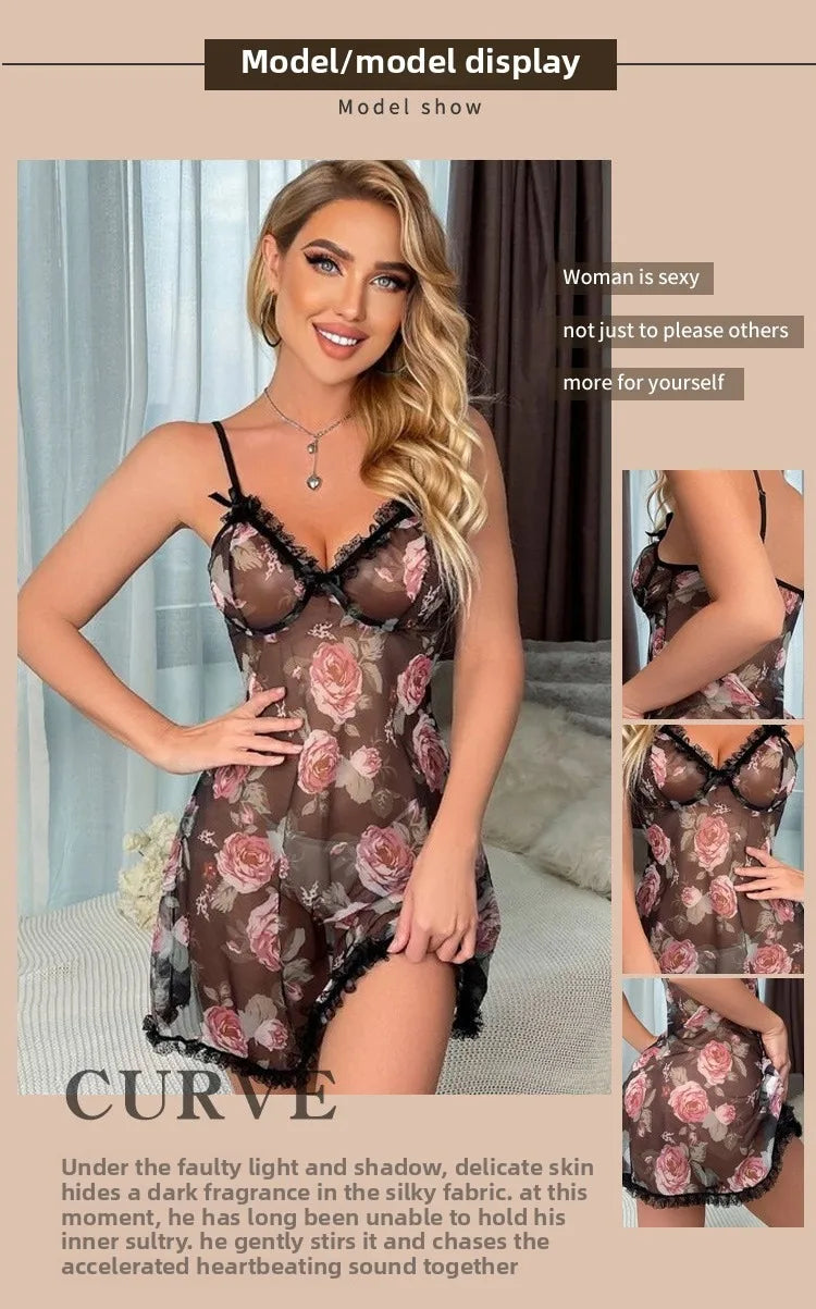 Chemise en mousseline de soie et dentelle florale pour femmes, ensemble de vêtements de nuit à bretelles réglables, cadeau romantique, vêtements de nuit transparents, poupée de saint-valentin, garniture noire U