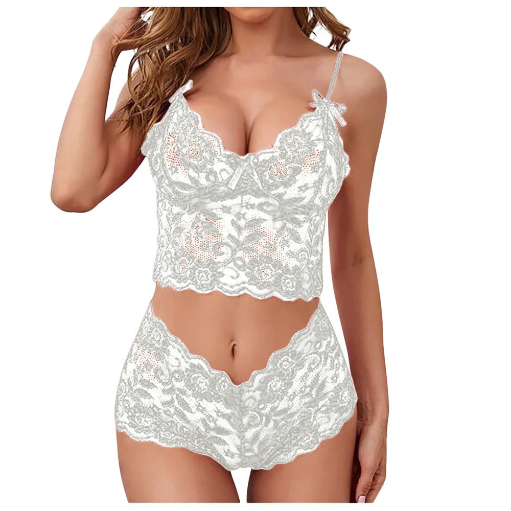 1 pièces femmes dentelle soutiens-gorge ensembles femme Non rembourré soutien-gorge culotte ensemble été nœud jarretelle sous-vêtements slips dame Sexy Lingerie culotte M L