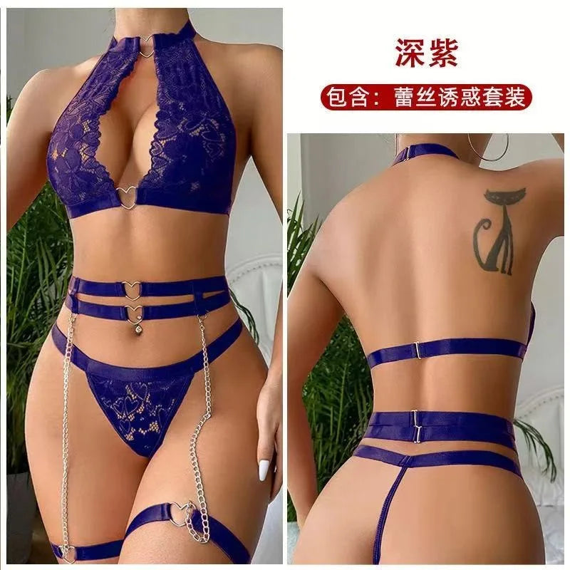 Ensemble de lingerie sexy en dentelle pour femmes, sans armatures, lingerie sexy pour femmes, grande taille, lingerie sexy transparente pour femmes, vêtements de nuit