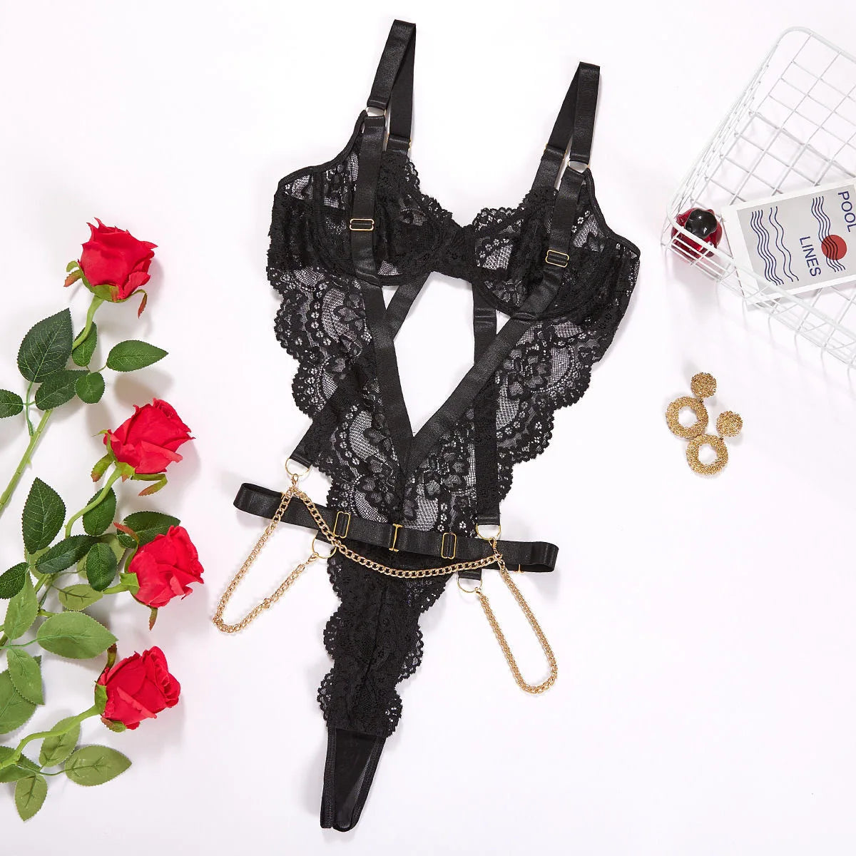 Lingerie de séduction brodée de fleurs, body transparent en dentelle noire, chaîne creuse, ajustement serré, tenue épicée pour fille, charmante AB6S