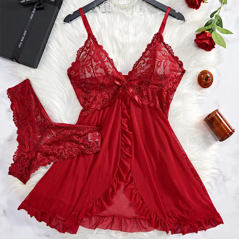 Un ensemble de chemise de nuit Ultra Sexy en Tulle, soutien-gorge à col en v, jupe de nuit ouverte, robe érotique pour femme, pyjama transparent, pantalon de Lingerie, kit de luxe