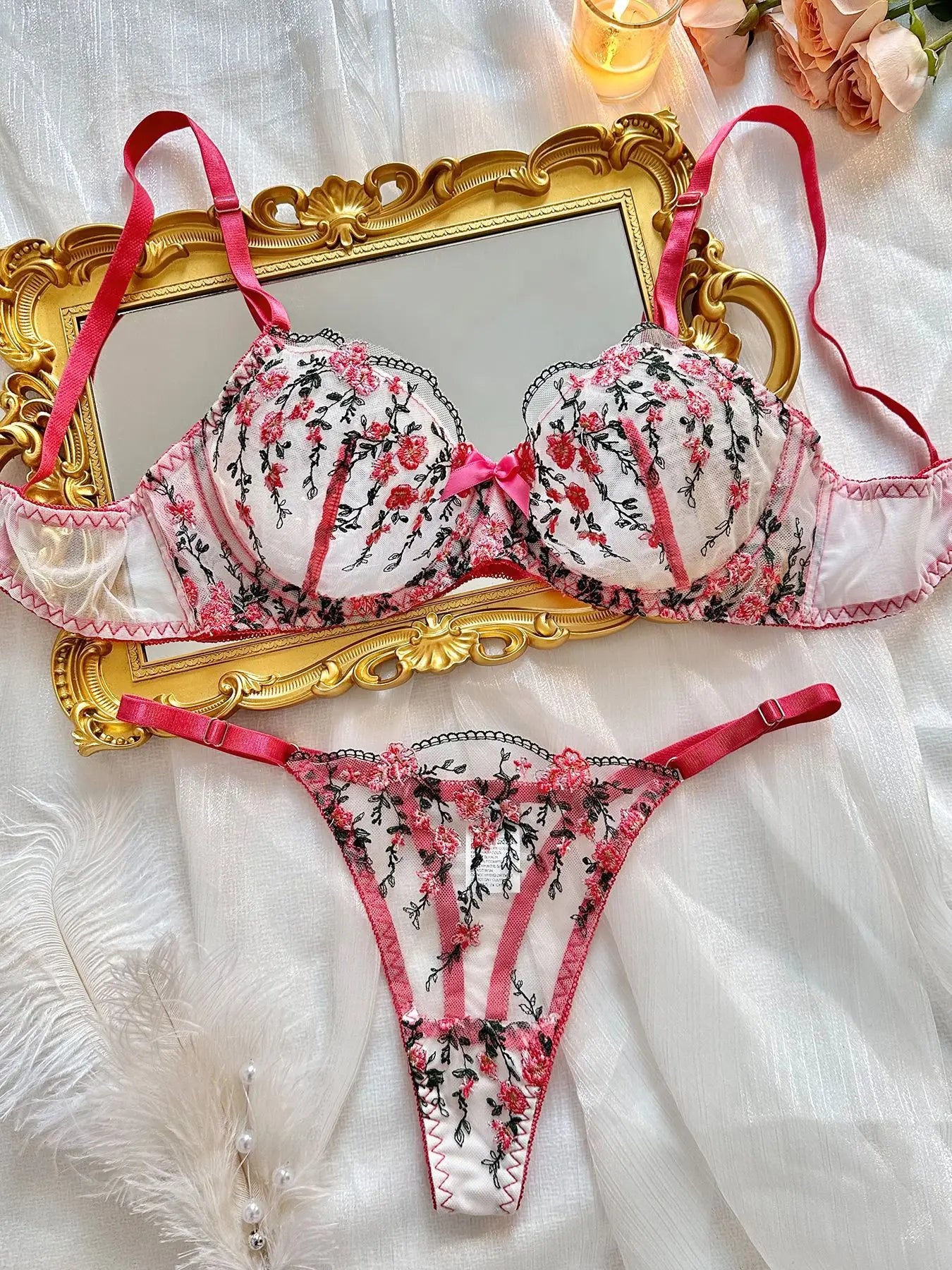 Soutien-gorge push-up en Tulle brodé, Lingerie féerique exotique, maille transparente, 3 pièces, vêtements intimes transparents pour femmes